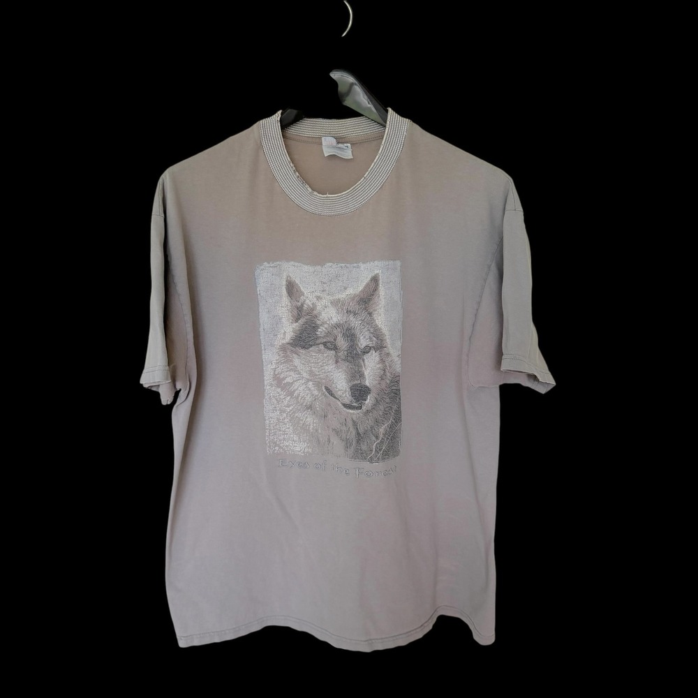 90's Eyes of the Forest Wolf T-Shirt XL Knit Collar Nature Habitat Gray Cotton‎